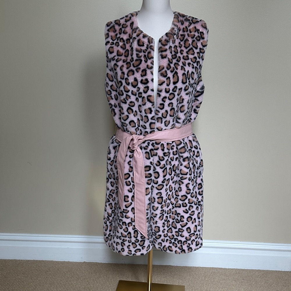 Faux leopard fur and faux leather belt long vest
